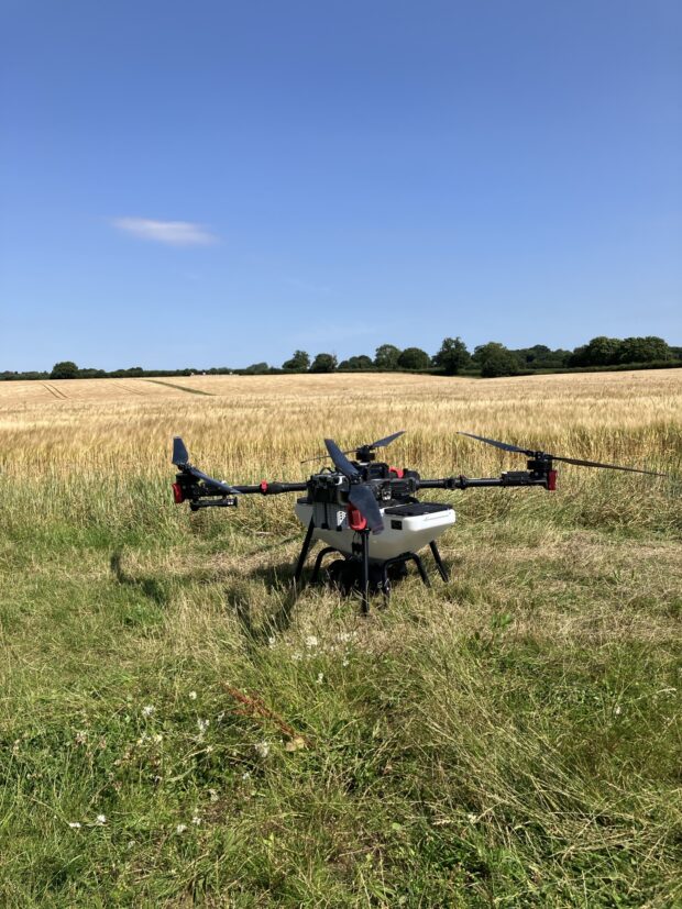 A very large drone, stands ready to fly over the grassy fields to sow seeds. The sky is clear and blue. There are trees in the distance. Behind the drone is a field of tall golden grain
