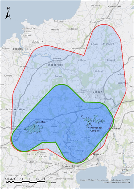 Map showing historic Willow tit distribution in 2000 (red outline) and current distribution found by the Taskforce in 2024 (green outline) in mid-Cornwall, with Goss Moor and Helman Tor (labelled).